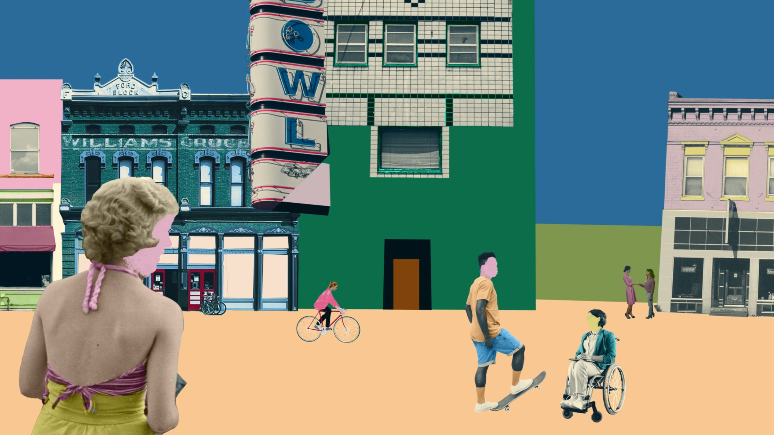 A collage illustration from the film, depicting people talking to each other in a colorful streetscape.