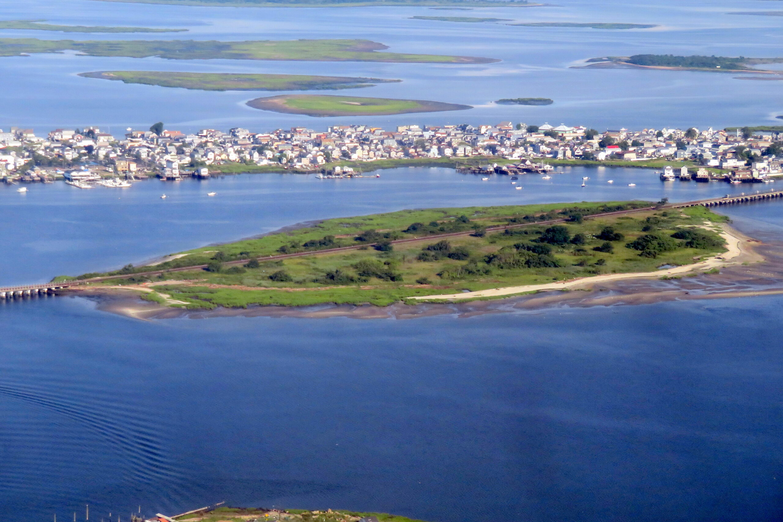 An aerial view of the Cross Bay Boulevard and Jamaica Bay in Queens, New York.