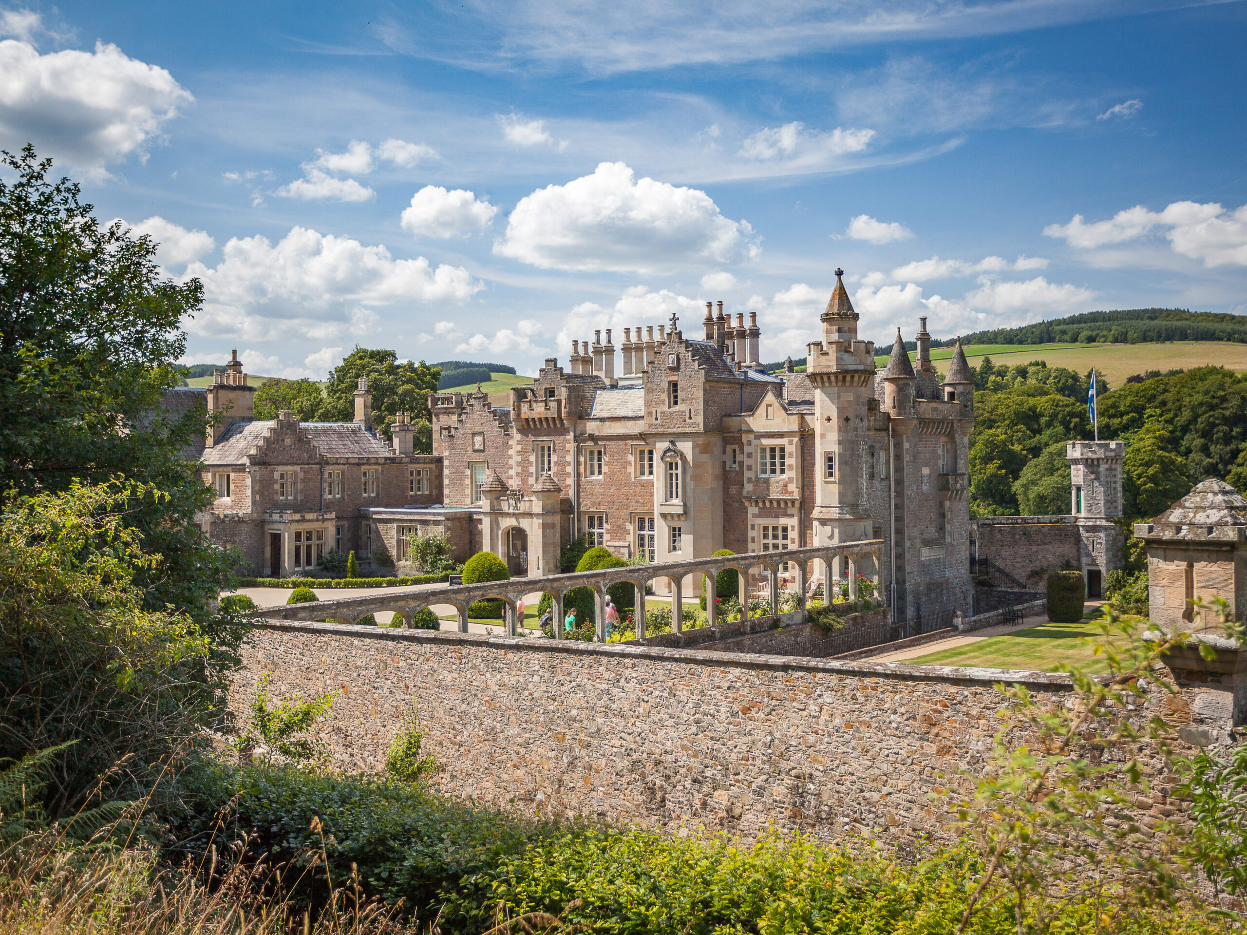 Exterior of Abbotsford's castle-like house seen from above.